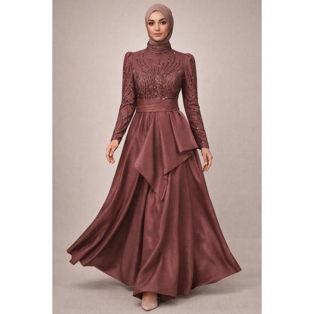 HENNIN Marsala Formal Gown Size 38 Long Sleeve Beaded Modest Maxi Dress Turkey